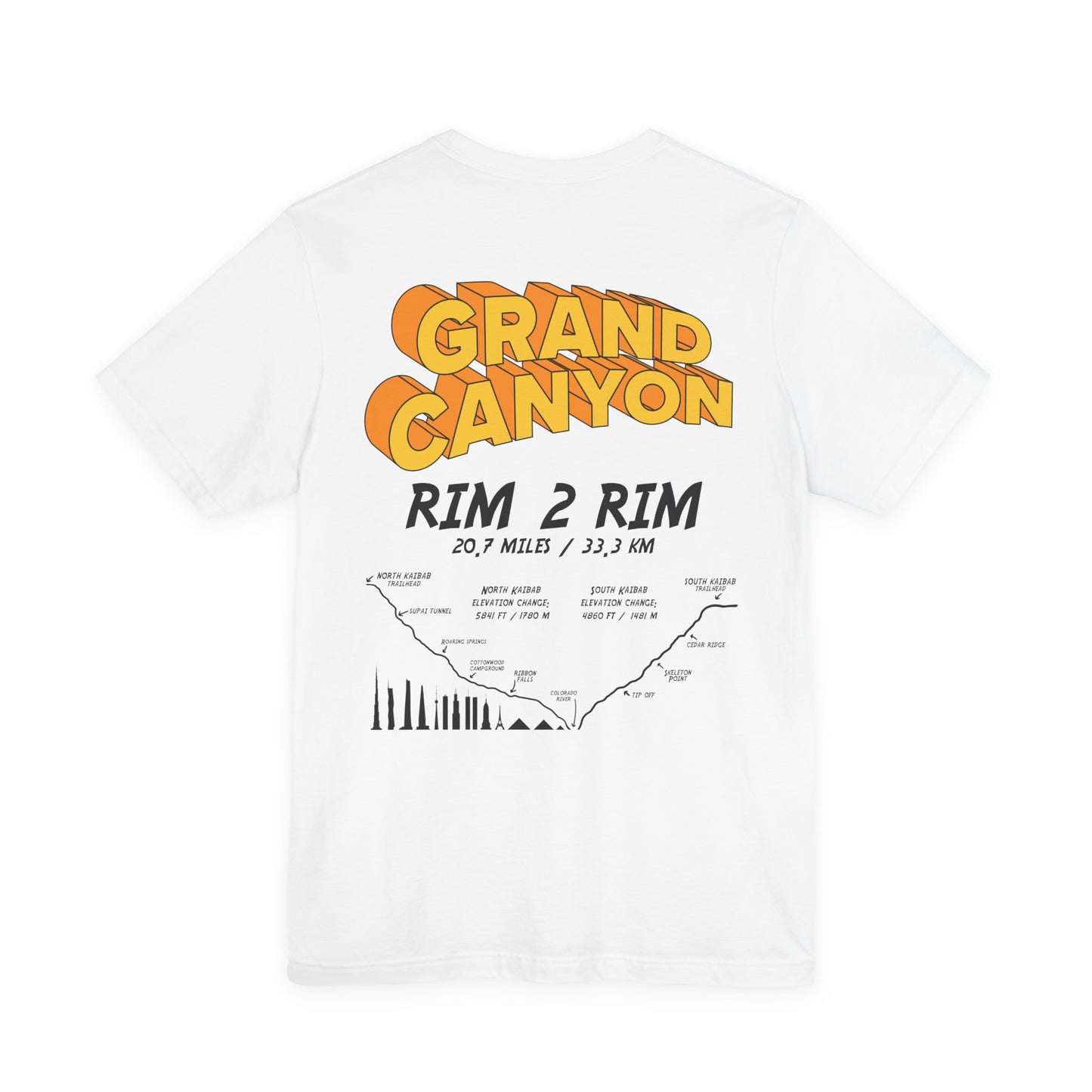 Grand Canyon Rim 2 Rim North Kaibab and South Kaibab on back Unisex Jersey Short Sleeve Tee